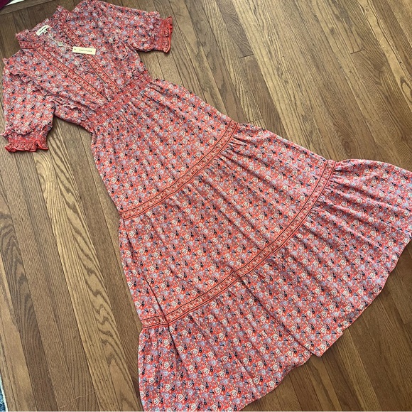 Max Studio Maxi Dress Elbow Length Sleeve Tiered Floral Print Size Small - Picture 1 of 13